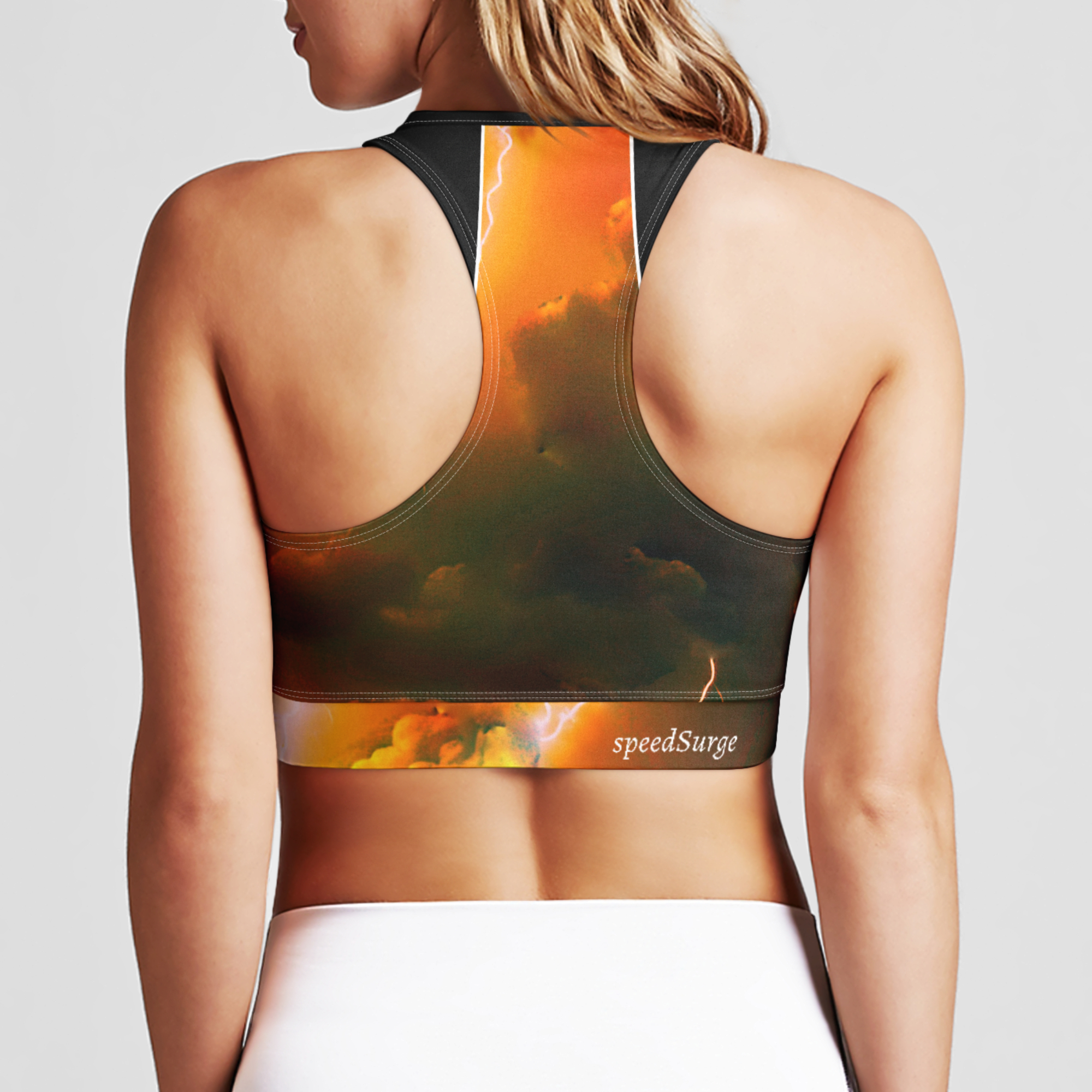 speedSurge Orange zipup sports bra - white zipper back view