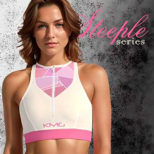 KMG Mk V Steeple Series Zipup Sports Bra cream with white trim front view