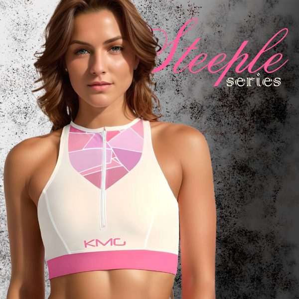 KMG Mk V Steeple Series Zipup Sports Bra cream with white trim front view