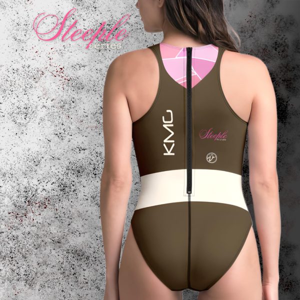 Steeple Series brown variation womens zip-back swimsuit back view