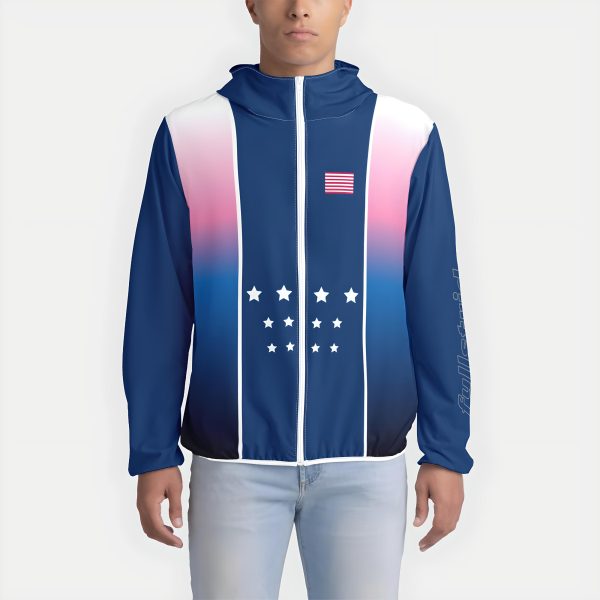 Old Glory unisex windbreaker front view hood down