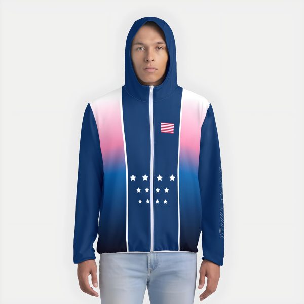 Old Glory unisex windbreaker front view hood up