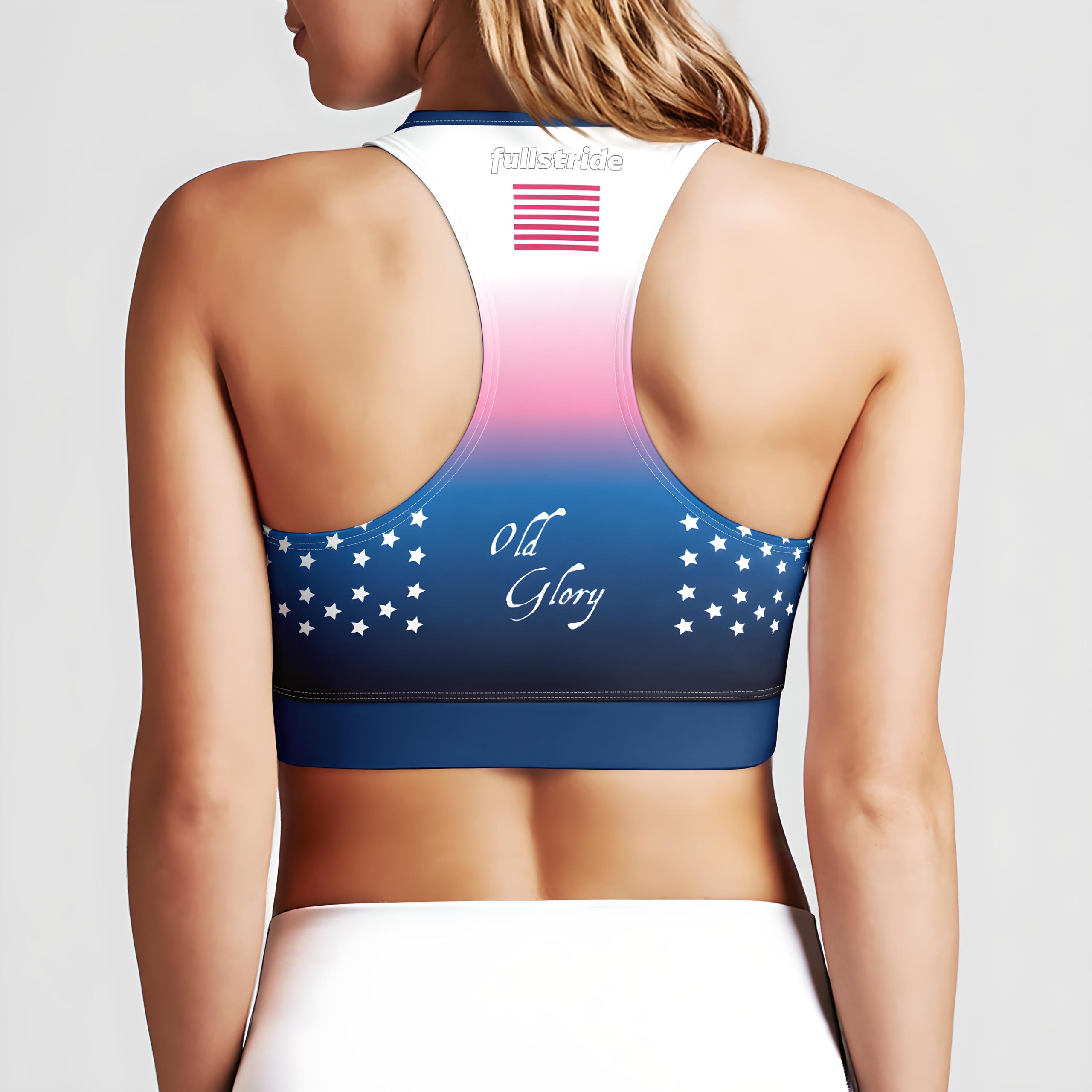 Old Glory zip-back sports bra back view